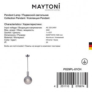 Светильник подвесной Maytoni Milagro P029PL-01CH