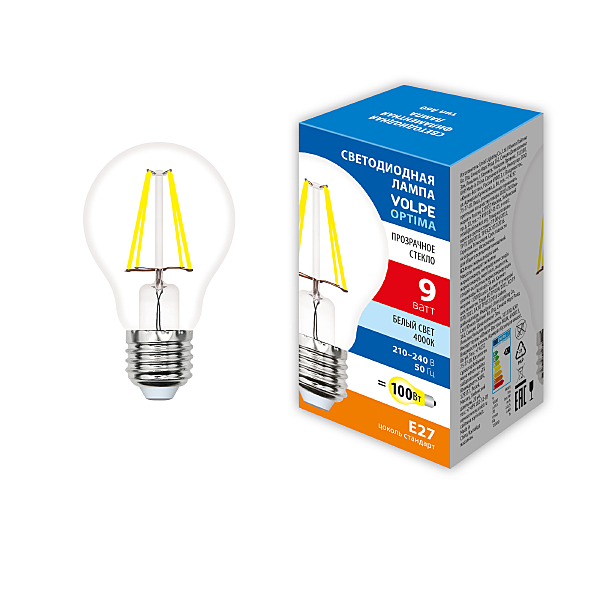 Светодиодная лампа Volpe Optima Филамент LED-A60-9W/4000K/E27/CL/SLF